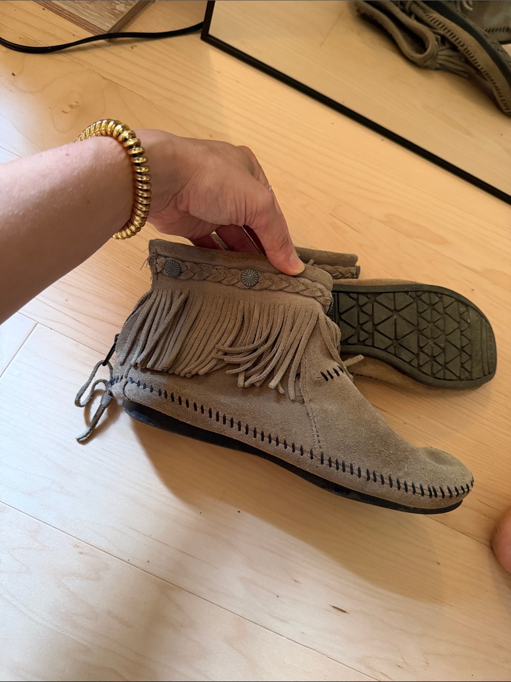 Minnetonka Suede Fringe Ankle Boots in gray - Women's Fashion Bootie